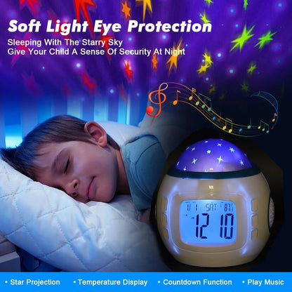 Starry Nightlight Alarm Clock for Kids – Digital Star Projection Clock with Sunrise Simulation, Music, Thermometer, Calendar &amp; Backlight (White)