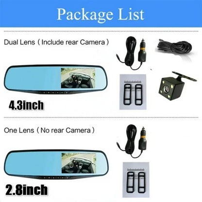 1080P Dual Lens Rearview Mirror Dash Cam – 4.3/2.8-Inch Display Car DVR Camera with Front &amp; Rear Recording, Night Vision, Loop Recording