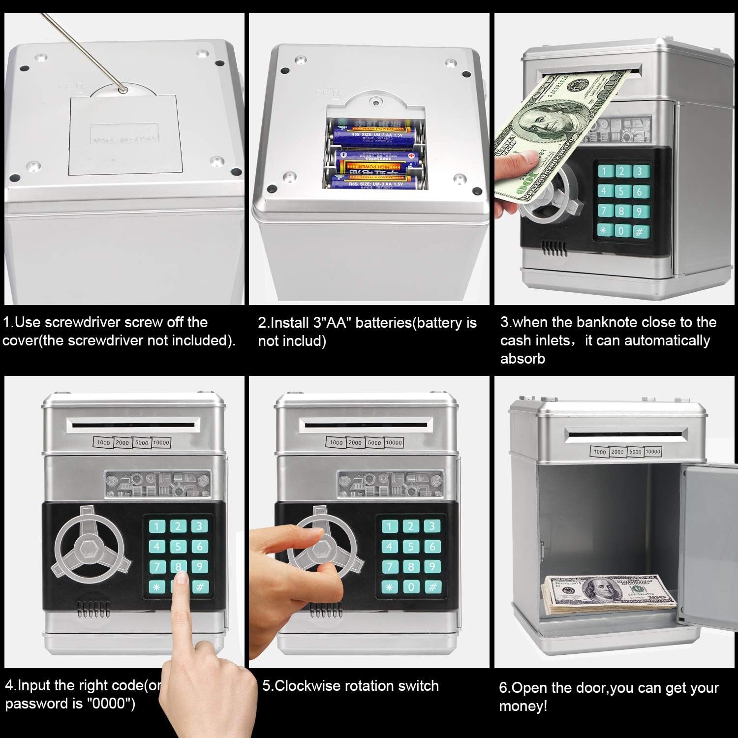 Electronic Piggy Bank – Mini ATM Password Money Bank for Kids, Cash &amp; Coin Saving Box, Cartoon Safe Toy (Silvery)