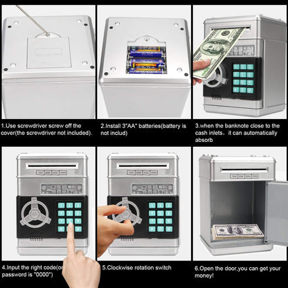 Electronic Piggy Bank – Mini ATM Password Money Bank for Kids, Cash &amp; Coin Saving Box, Cartoon Safe Toy (Silvery)