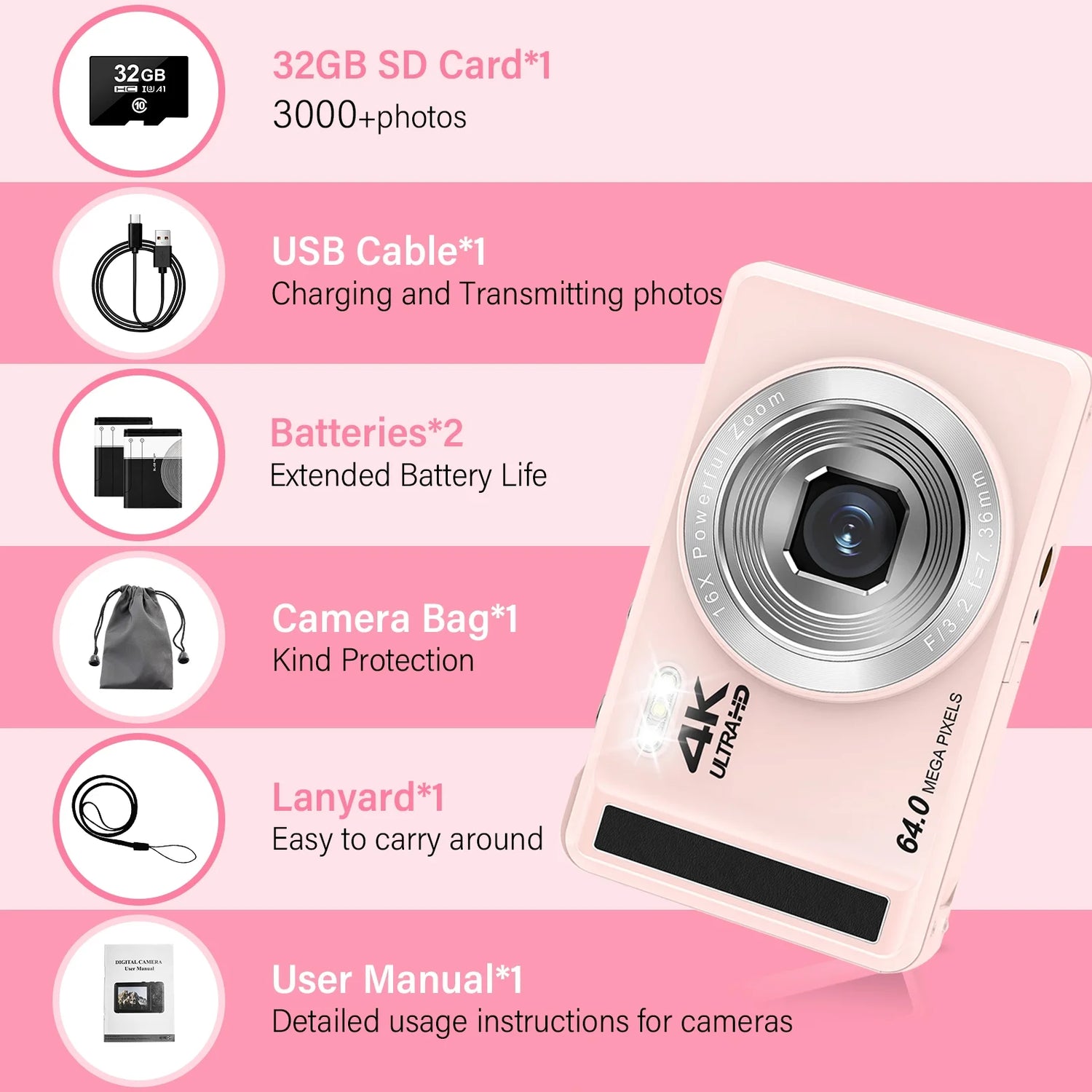 4K UHD Digital Camera – 64MP, 16X Digital Zoom with 32GB SD Card Included