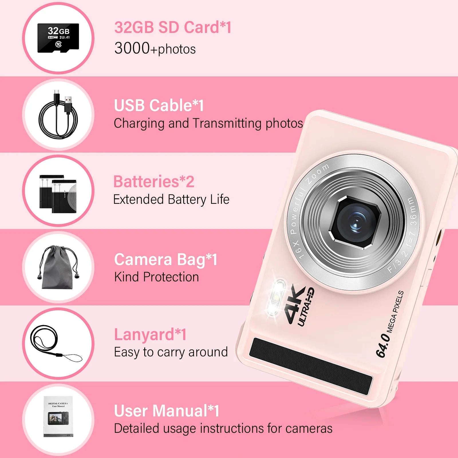 4K UHD Digital Camera – 64MP, 16X Digital Zoom with 32GB SD Card Included