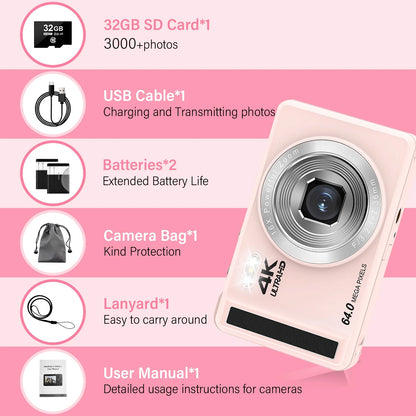 4K UHD Digital Camera – 64MP, 16X Digital Zoom with 32GB SD Card Included