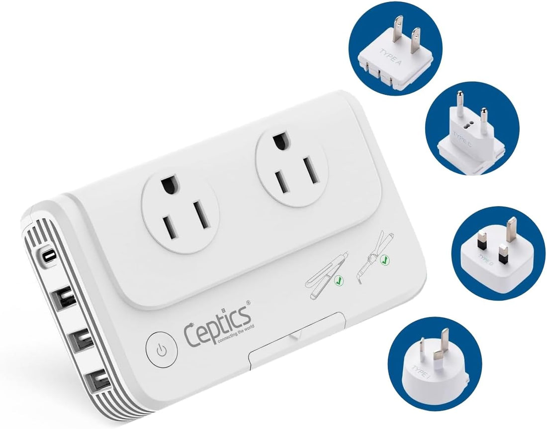 200W Voltage Converter – Step Down 220V to 110V with 4 USB Ports (18W PD), Travel Adapter with EU/UK/AU/US Plugs for Curling Irons, Chargers &amp; More