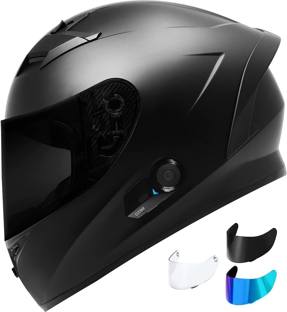 Bluetooth Motorcycle Helmet with Clear, Tinted &amp; Iridium Shields – DOT Certified, Full-Face Safety, Removable Liner &amp; Cheek Pads