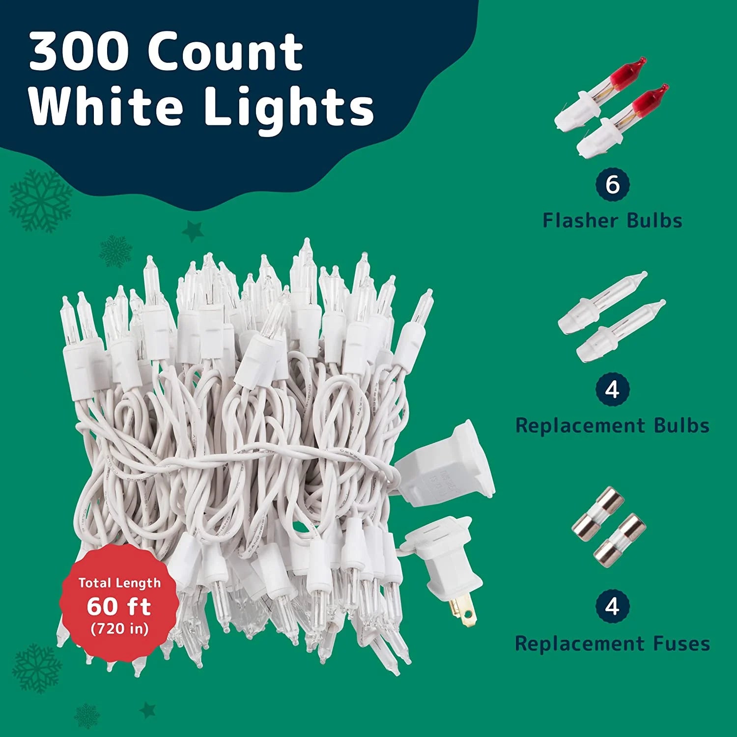 Christmas Lights – 60ft String Lights with 300 Clear Warm White Bulbs, White Wire – Indoor/Outdoor Twinkle Lights for Christmas Tree, Holiday, Wedding &amp; Party Décor