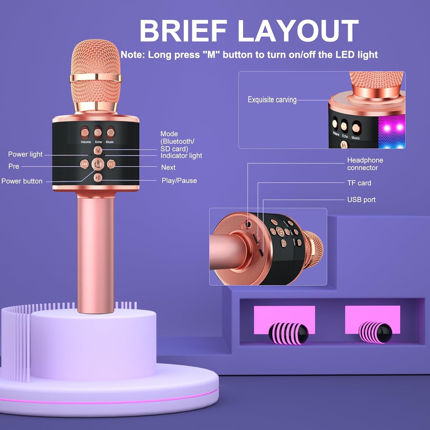 🎤 Karaoke Microphone for Kids &amp; Adults – Q78 Rose Gold Bluetooth Singing Mic with Disco Lights &amp; Echo Effect