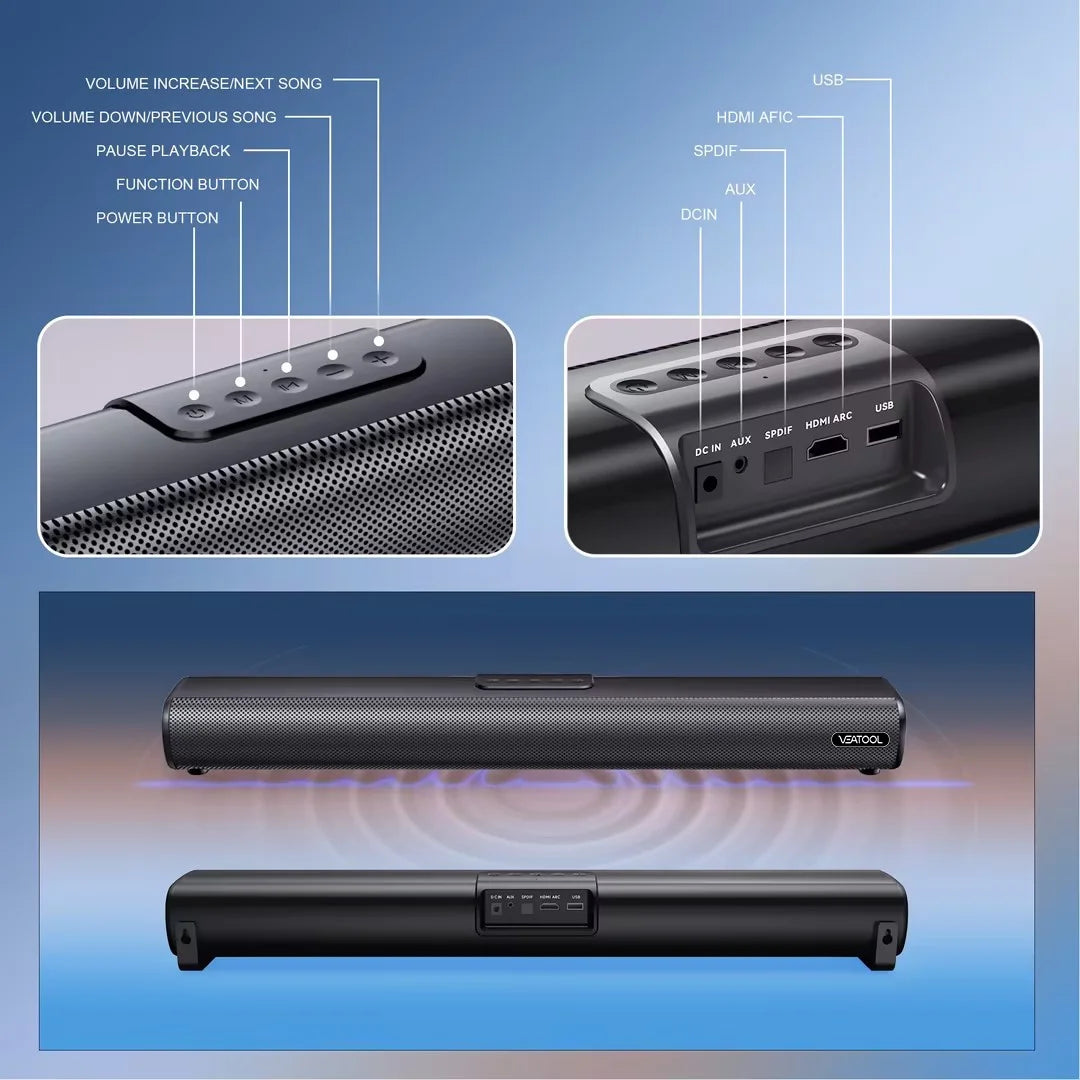 Sound Bar for TV – 2.1 Channel 50W Home Theater System with Built-In Subwoofer, 3D Surround Sound, HDMI ARC, Bluetooth, Optical, AUX, USB, RCA, Wall Mountable