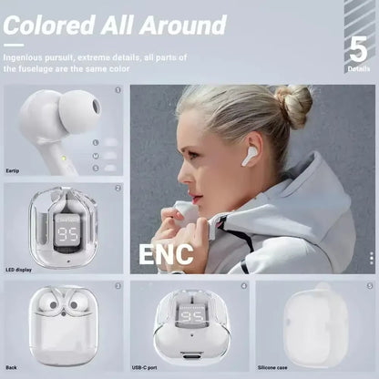 CrystalBeats BT30: Transparent TWS Bluetooth 5.3 Earbuds with Digital Display &amp; Noise Canceling