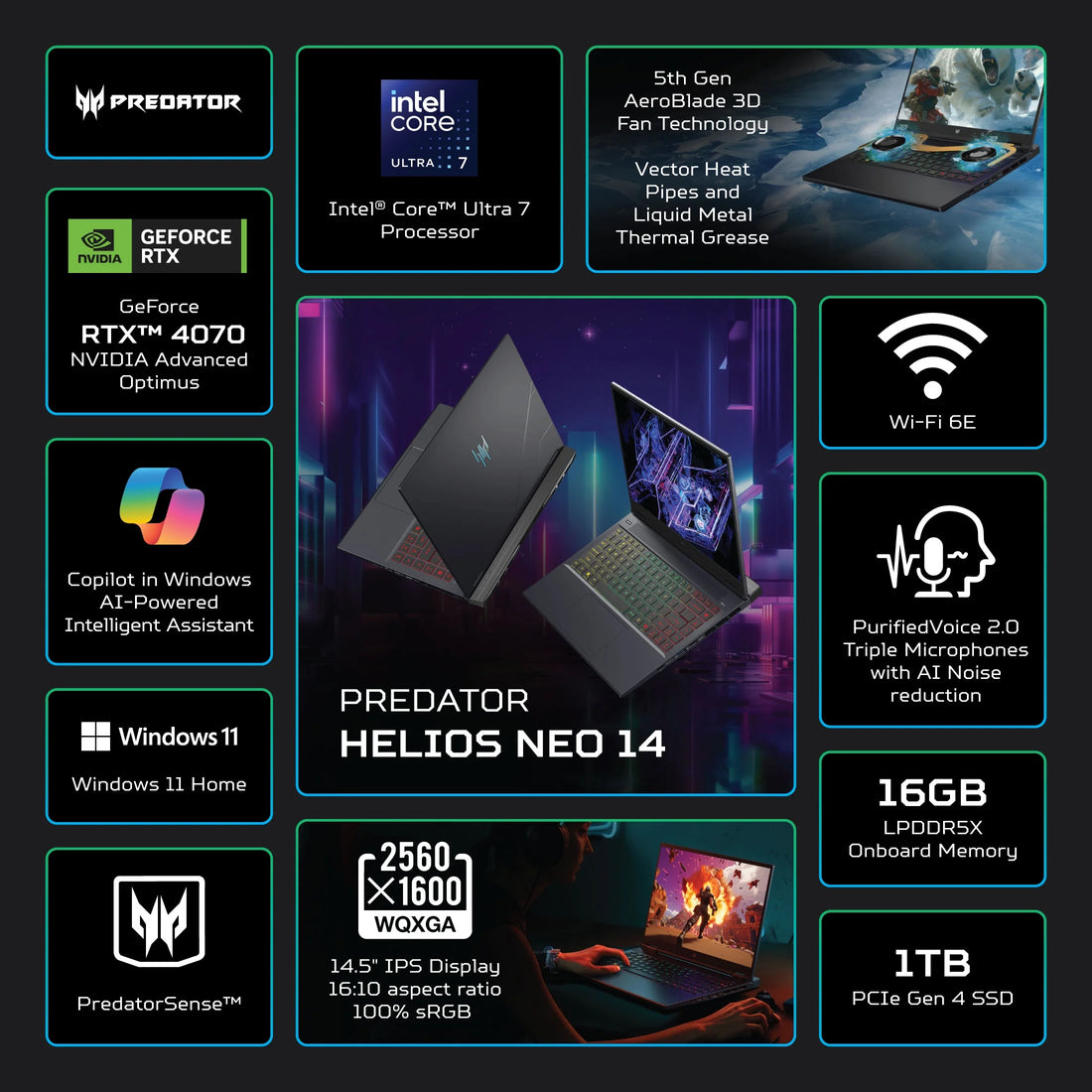 Predator Helios Neo 14.5&quot; QHD+ 120Hz Gaming Laptop | Intel Core Ultra 7-155H AI PC | NVIDIA GeForce RTX 4070 | 16GB DDR5 RAM | 1TB SSD | Obsidian Black (2024)