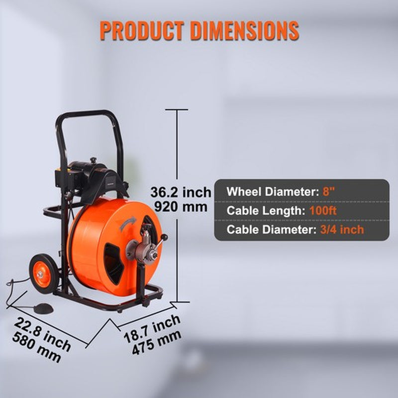 Uimoso Electric Drain Cleaner Machine – Powerful 100 FT Auto Feed Drain Auger