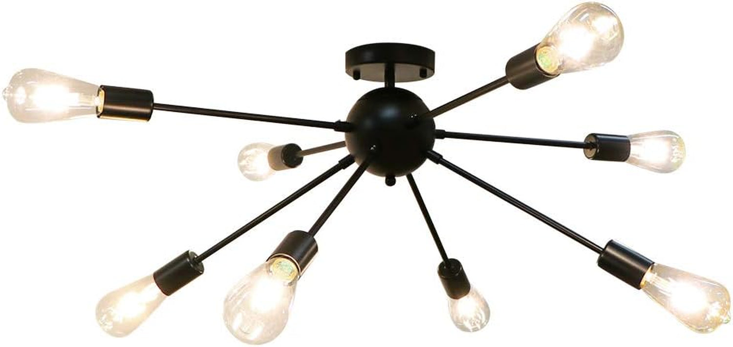 Black 8-Light Semi-Flush Mount Ceiling Light – Sputnik Retro Industrial Chandelier for Kitchen, Living Room, Dining Room, Bedroom &amp; Hallway