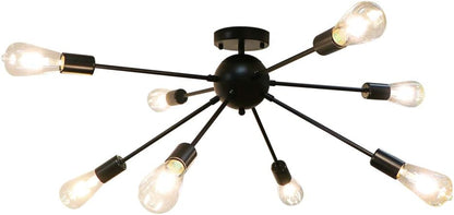 Black 8-Light Semi-Flush Mount Ceiling Light – Sputnik Retro Industrial Chandelier for Kitchen, Living Room, Dining Room, Bedroom &amp; Hallway