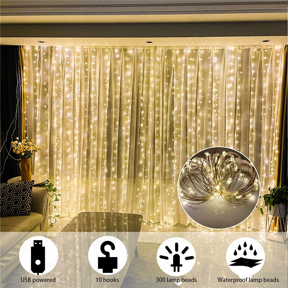 Window Curtain String Lights – 300 LED USB Powered Fairy Curtain Lights for Bedroom, Christmas, Wedding, Indoor &amp; Outdoor Décor (White)