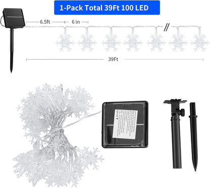 Solar Christmas Snowflake String Lights – 100 LED, 39 Feet, Outdoor Waterproof Fairy Lights with 8 Lighting Modes, Pure White