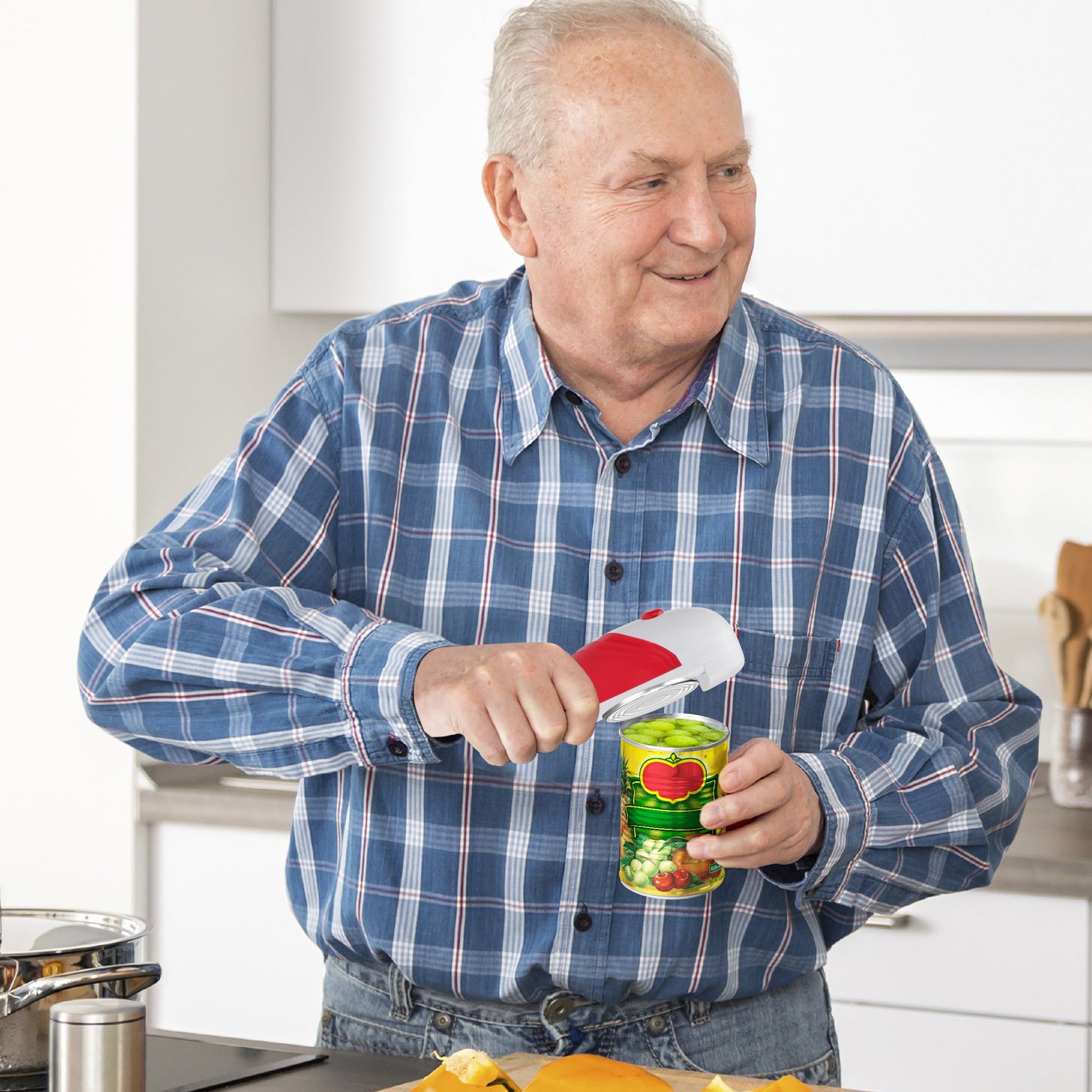 Auto Electric Can Opener for Seniors with Arthritis – Hands-Free, Battery Operated, Smooth Edge, Red