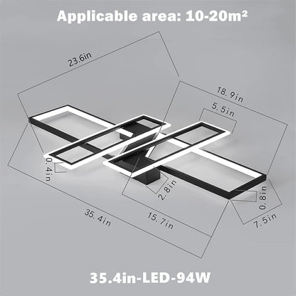 35.4&quot; Modern LED Ceiling Light Fixture – 94W Black Dimmable Rectangular Chandelier with Remote Control, Flush Mount Geometric Lamp for Living Room &amp; Bedroom