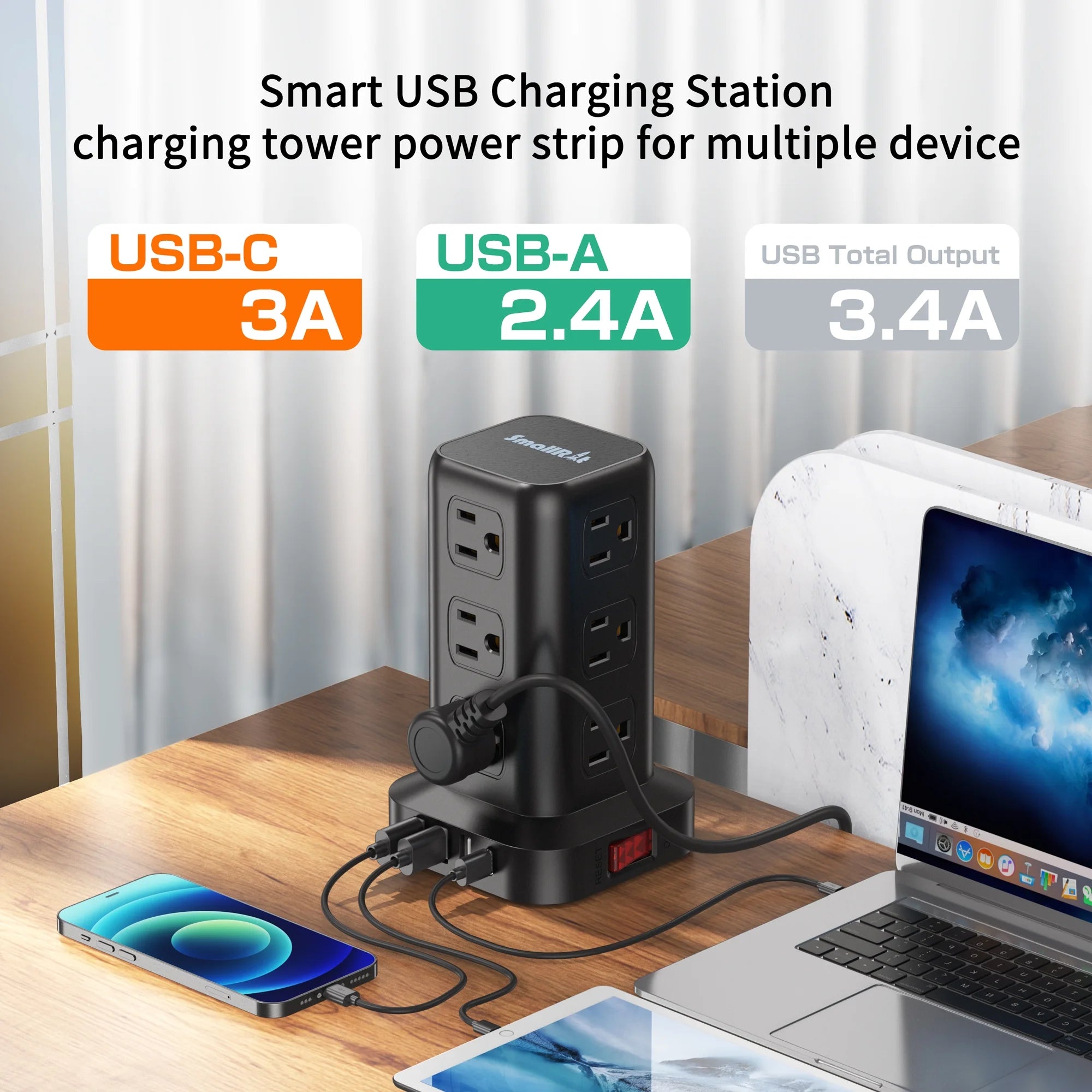 Power Strip Tower – 12 Outlets with 4 USB Ports, Surge Protector Charging Station with 6.5Ft Extension Cord (Black)