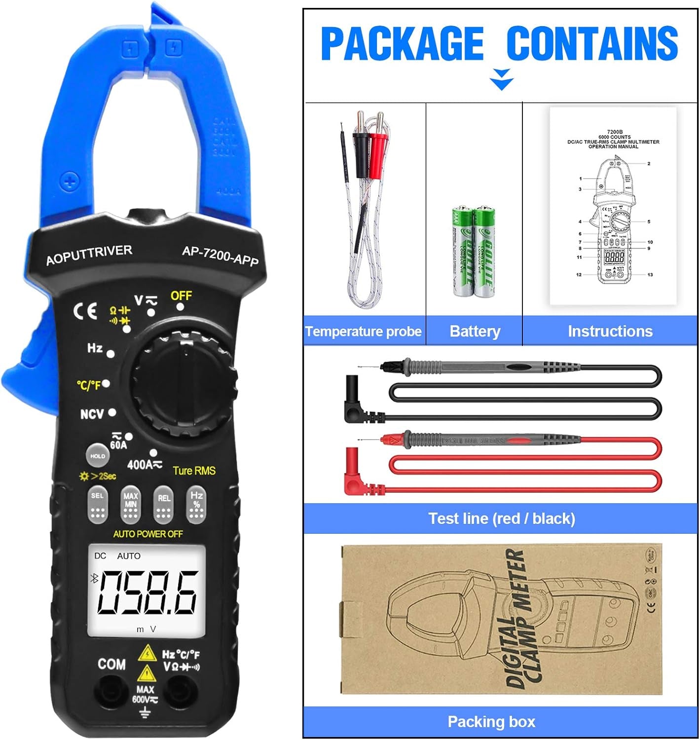 🔧 AP-7200APP Bluetooth Digital Clamp Meter – Auto-Ranging 6000 Counts Multimeter for AC/DC Current, Voltage, Resistance, Capacitance &amp; Continuity Testing