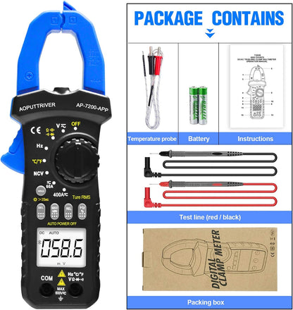 🔧 AP-7200APP Bluetooth Digital Clamp Meter – Auto-Ranging 6000 Counts Multimeter for AC/DC Current, Voltage, Resistance, Capacitance &amp; Continuity Testing