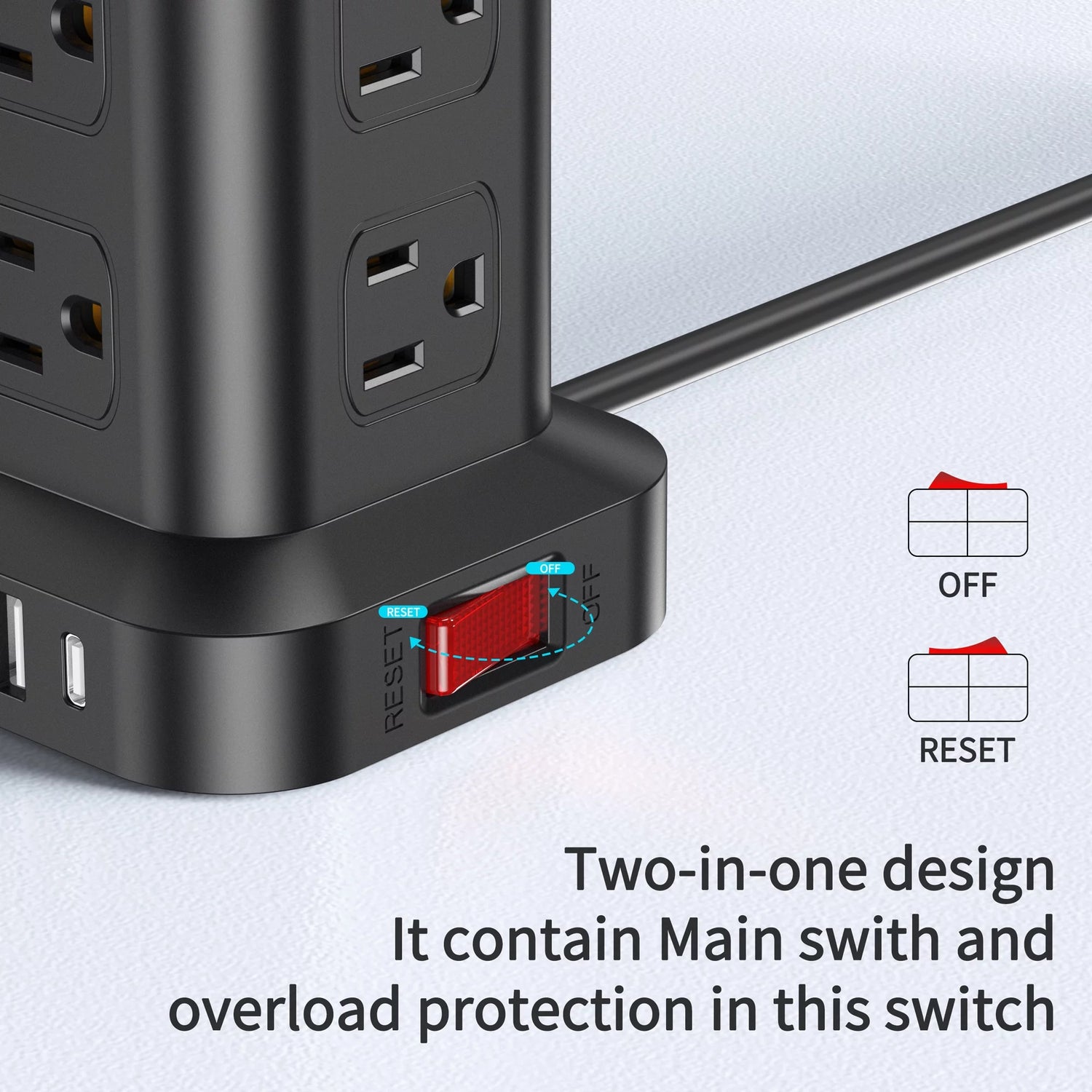 Power Strip Tower – 12 Outlets with 4 USB Ports, Surge Protector Charging Station with 6.5Ft Extension Cord (Black)