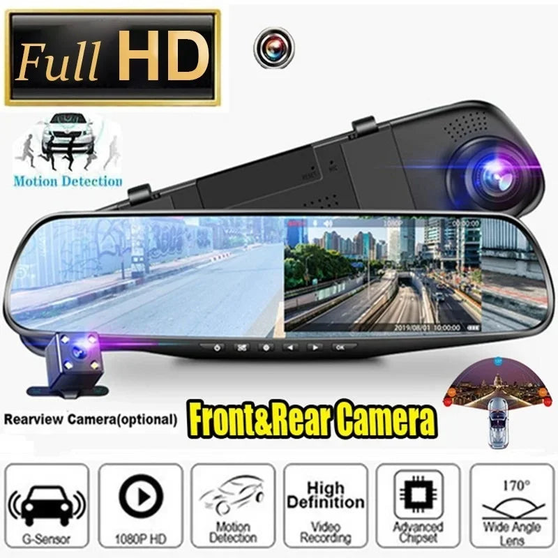 1080P Dual Lens Rearview Mirror Dash Cam – 4.3/2.8-Inch Display Car DVR Camera with Front &amp; Rear Recording, Night Vision, Loop Recording