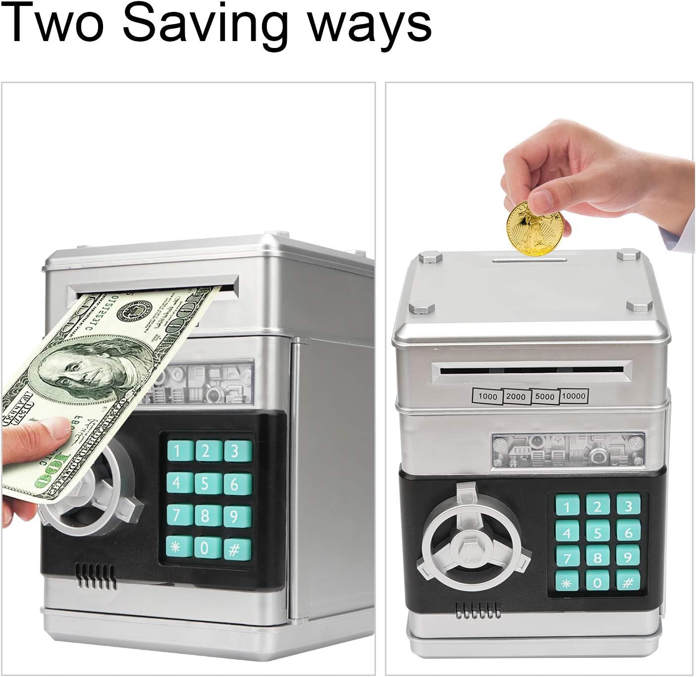 Electronic Piggy Bank – Mini ATM Password Money Bank for Kids, Cash &amp; Coin Saving Box, Cartoon Safe Toy (Silvery)