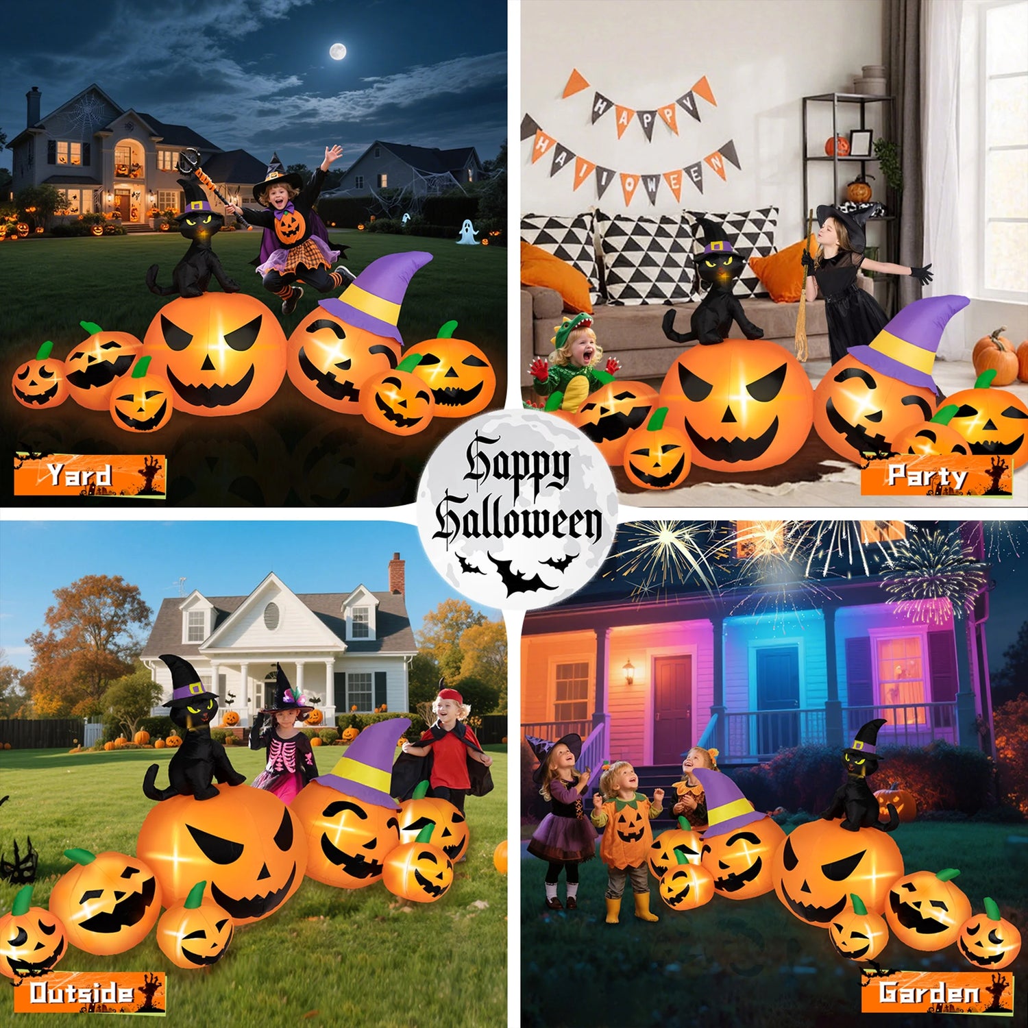 8FT Long Halloween Inflatable Pumpkins – Blow-Up Yard Decor with Witch Hat, Black Cat &amp; Built-In LED Lights for Lawn, Garden, Party &amp; Outdoor Displays