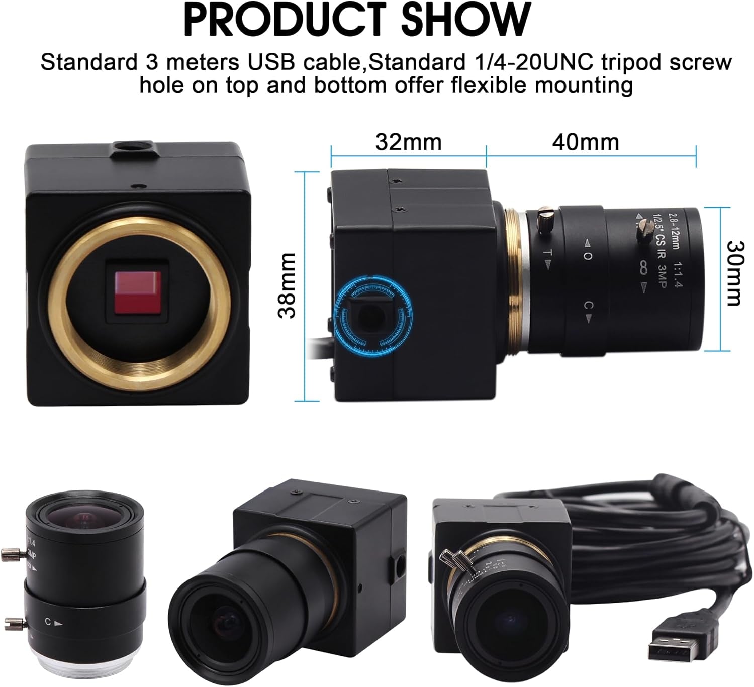 4K Ultra HD USB Camera with 2.8–12mm 4X Varifocal Manual Lens – UVC Compliant USB Webcam for Conference Calls, Live Streaming &amp; OpenCV Support