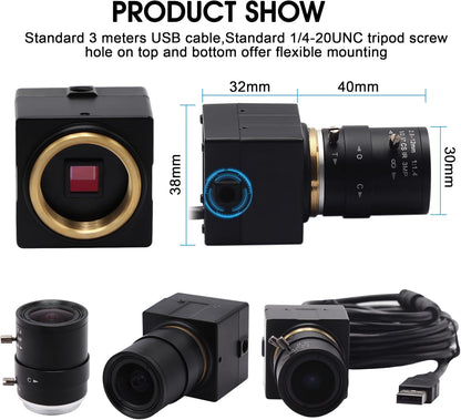 4K Ultra HD USB Camera with 2.8–12mm 4X Varifocal Manual Lens – UVC Compliant USB Webcam for Conference Calls, Live Streaming &amp; OpenCV Support