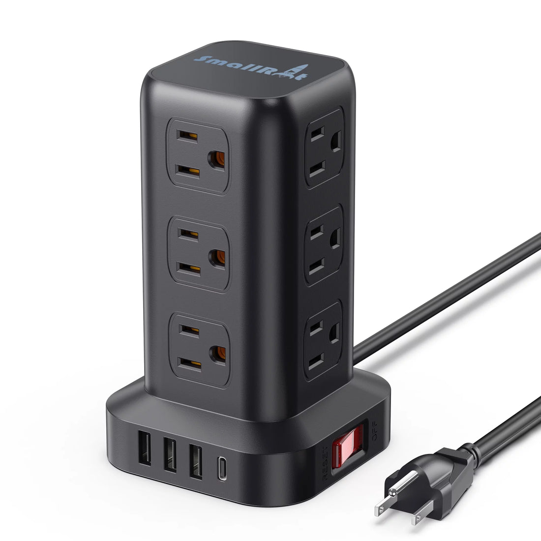 Power Strip Tower – 12 Outlets with 4 USB Ports, Surge Protector Charging Station with 6.5Ft Extension Cord (Black)