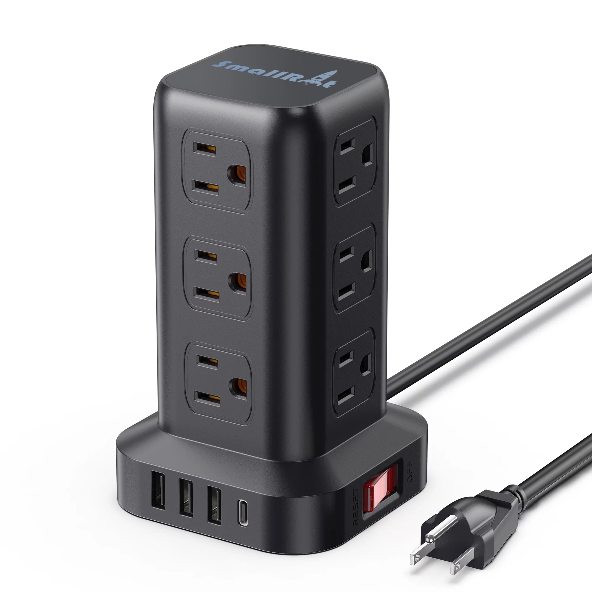 Power Strip Tower – 12 Outlets with 4 USB Ports, Surge Protector Charging Station with 6.5Ft Extension Cord (Black)
