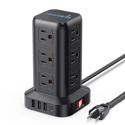Power Strip Tower – 12 Outlets with 4 USB Ports, Surge Protector Charging Station with 6.5Ft Extension Cord (Black)