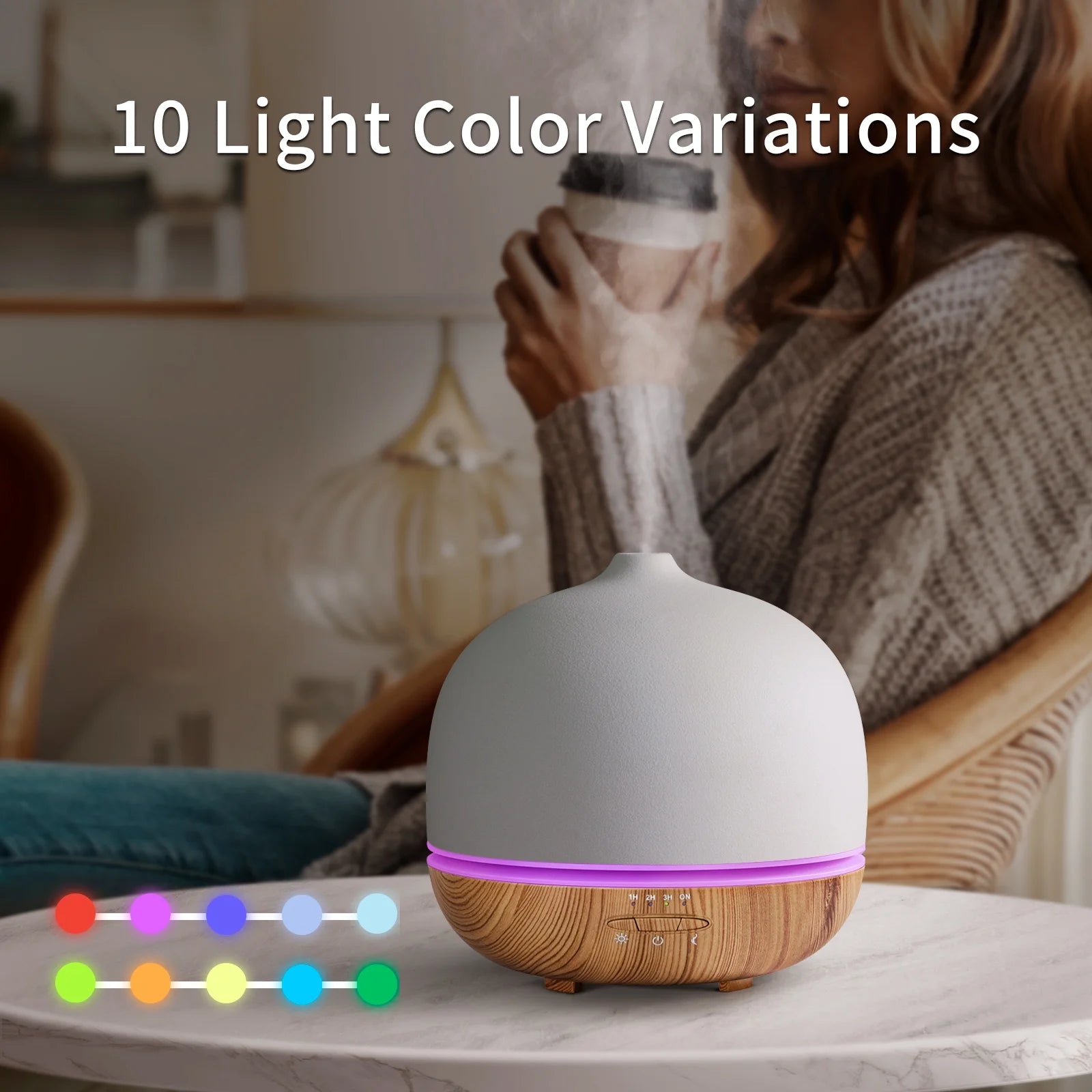 500ml Ceramic Essential Oil Diffuser – Large Room Aromatherapy Cool Mist Humidifier with 10 LED Color Lights &amp; Auto-Off for Home &amp; Office