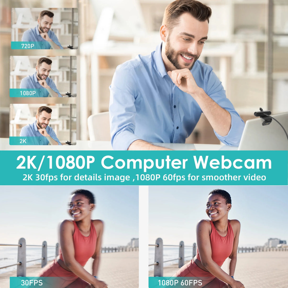 2K/1080P USB Webcam with Dual Microphones – Autofocus Streaming &amp; Conference Camera for PC/Laptop