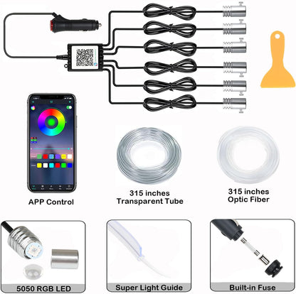 Interior Car LED Strip Lights – 6-in-1 RGB Ambient Lighting Kit with 315&quot; Fiber Optic, Bluetooth APP Control &amp; Music Sync