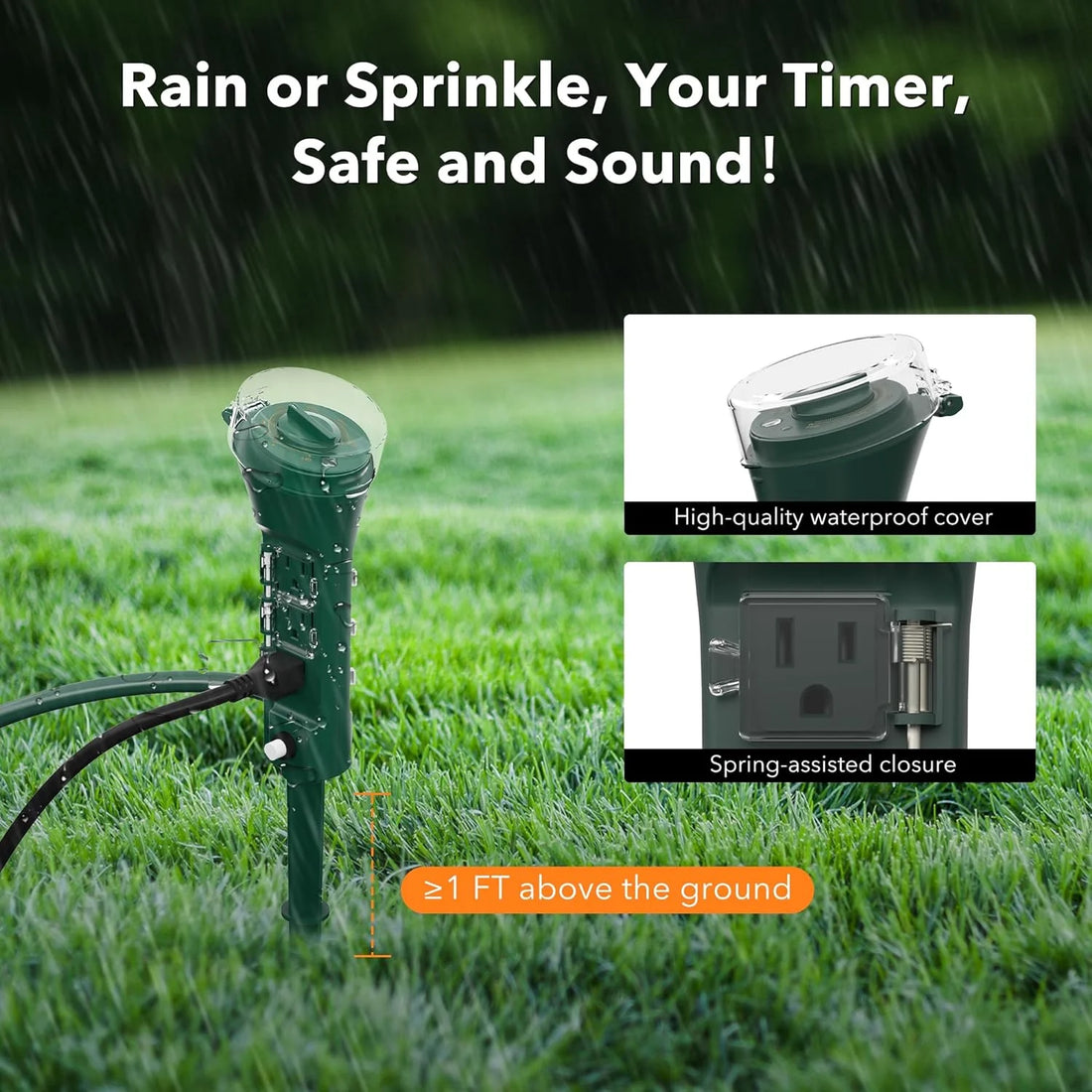 Outdoor Power Strip Yard Stake Timer with Photocell – Dusk to Dawn Sensor, 6 Grounded Outlets, 6FT Cord, Weatherproof for Christmas Lights &amp; Outdoor Use | 1875W/15A ETL Listed