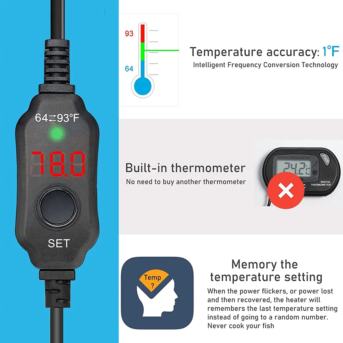 Evjurcn Aquarium Heater 10W Mini Fish Tank Heater with Digital Display Thermostat Adjustable Temperature 64~93F Set Arbitrarily 5V/2A USB Powered Automatic Power-Off for 1 to 5L Tanks(Black)