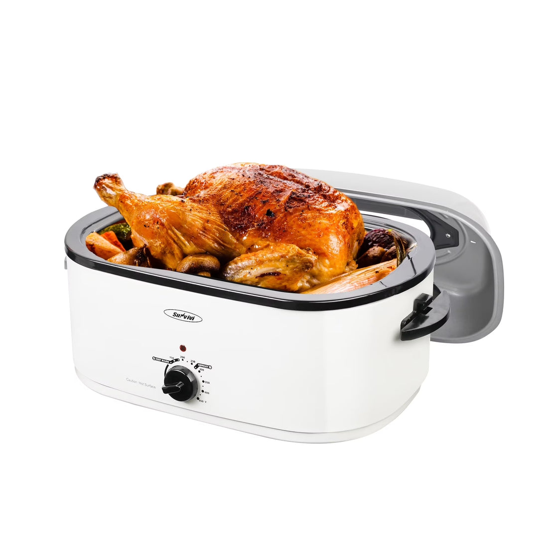 26 Quart Electric Turkey Roaster Oven — Stainless Steel with Visible &amp; Self-Basting Lid, White