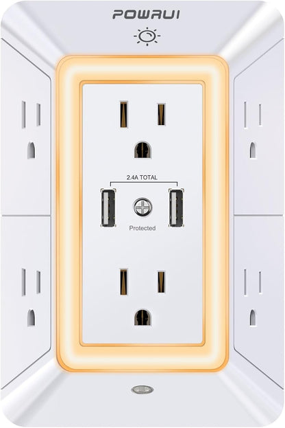 USB Wall Charger Surge Protector 6-Outlet Extender with Night Light &amp; 2 USB Ports