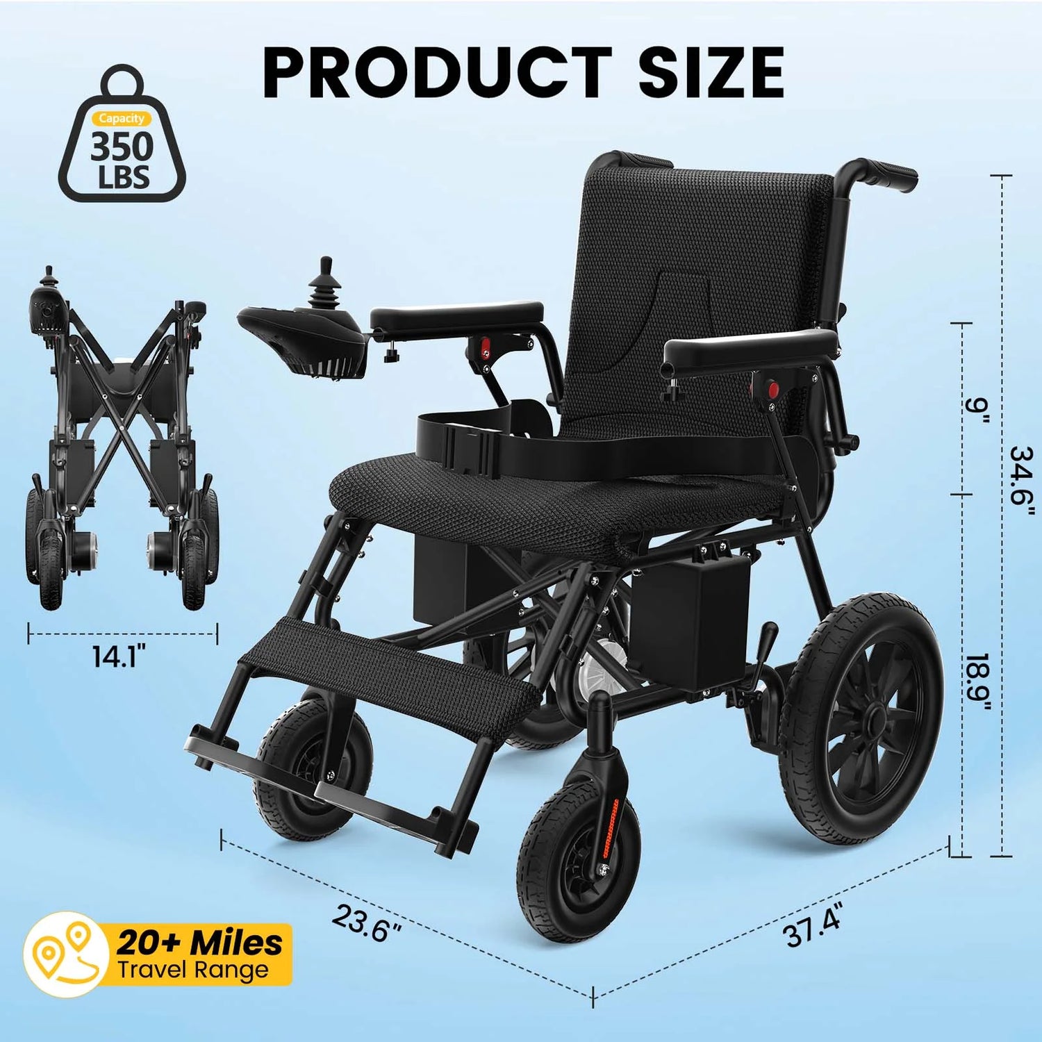 Foldable Electric Wheelchair – Long-Range 20+ Mile Motorized Power Chair with 360° Joystick, All-Terrain Smart Mobility Scooter, Black