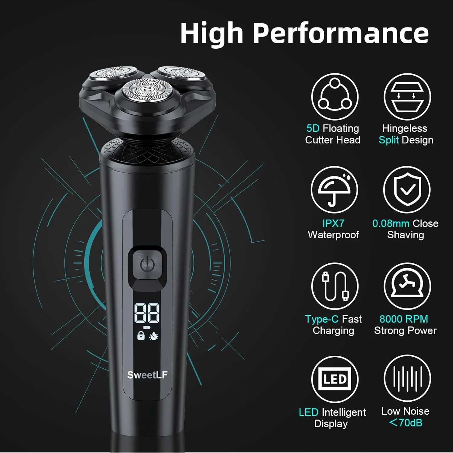 2-in-1 Cordless Electric Shaver for Men – Rechargeable Waterproof Razor with Beard Trimmer, Black