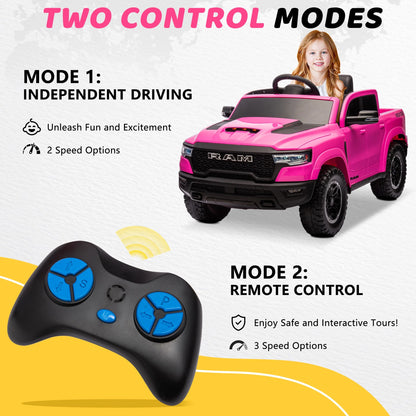 🚗 RAM 1500 12V Ride-On Truck for Kids with Remote Control – Electric Car Toy with Music, LED Lights, Bluetooth &amp; Suspension | Pink
