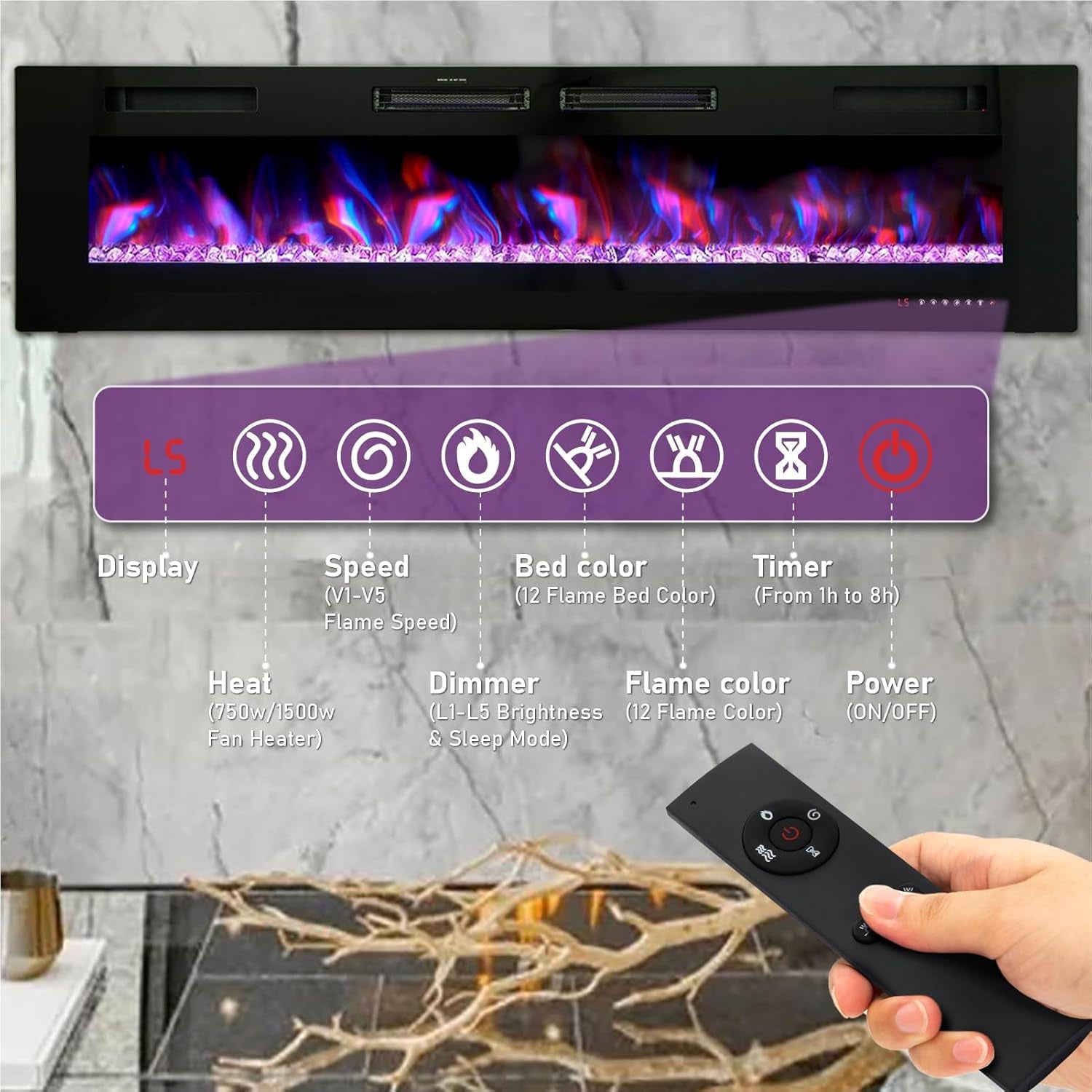 72&quot; Electric Fireplace – Wall Mounted &amp; Recessed, 3.19&quot; Ultra-Thin Linear Heater with Remote, Touch Screen, 750/1500W, Low Noise, Timer